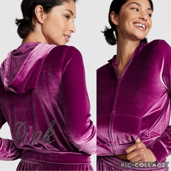 PINK BLING VELOUR SHINE LOGO FULL-ZIP CROP HOODIE Size XL - Picture 1 of 1